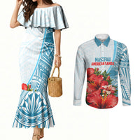 Personalized American Samoa Masefau Couples Matching Mermaid Dress and Long Sleeve Button Shirt Hibiscus Tropical Floral Whale Polynesian Tribal Pattern TS04 White Blue - Polynesian Pride
