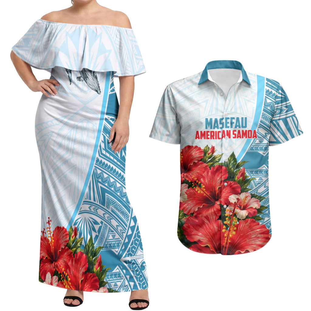 Personalized American Samoa Masefau Couples Matching Off Shoulder Maxi Dress and Hawaiian Shirt Hibiscus Tropical Floral Whale Polynesian Tribal Pattern TS04 White Blue - Polynesian Pride