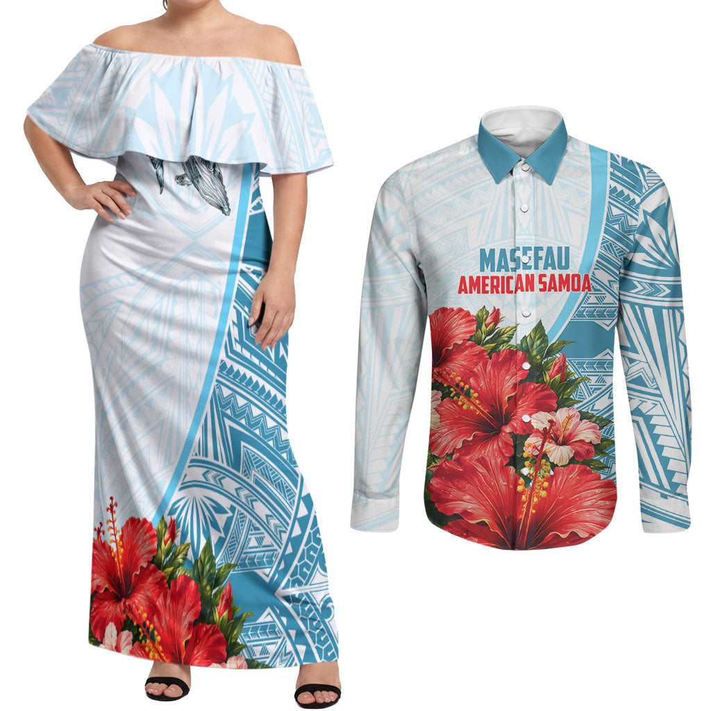 Personalized American Samoa Masefau Couples Matching Off Shoulder Maxi Dress and Long Sleeve Button Shirt Hibiscus Tropical Floral Whale Polynesian Tribal Pattern TS04 White Blue - Polynesian Pride