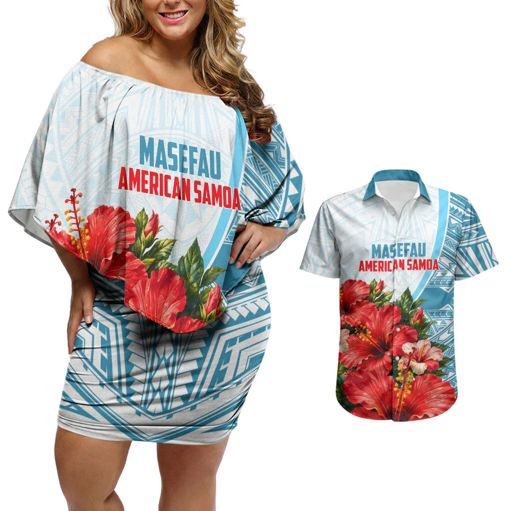 Personalized American Samoa Masefau Couples Matching Off Shoulder Short Dress and Hawaiian Shirt Hibiscus Tropical Floral Whale Polynesian Tribal Pattern TS04 White Blue - Polynesian Pride
