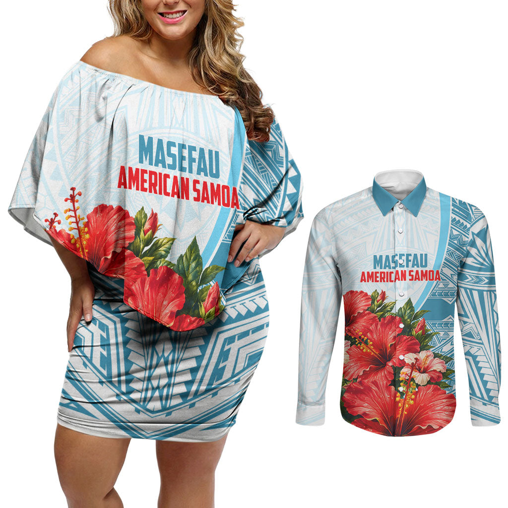 Personalized American Samoa Masefau Couples Matching Off Shoulder Short Dress and Long Sleeve Button Shirt Hibiscus Tropical Floral Whale Polynesian Tribal Pattern TS04 White Blue - Polynesian Pride