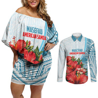 Personalized American Samoa Masefau Couples Matching Off Shoulder Short Dress and Long Sleeve Button Shirt Hibiscus Tropical Floral Whale Polynesian Tribal Pattern TS04 White Blue - Polynesian Pride