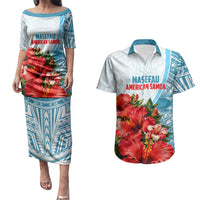 Personalized American Samoa Masefau Couples Matching Puletasi and Hawaiian Shirt Hibiscus Tropical Floral Whale Polynesian Tribal Pattern TS04 White Blue - Polynesian Pride