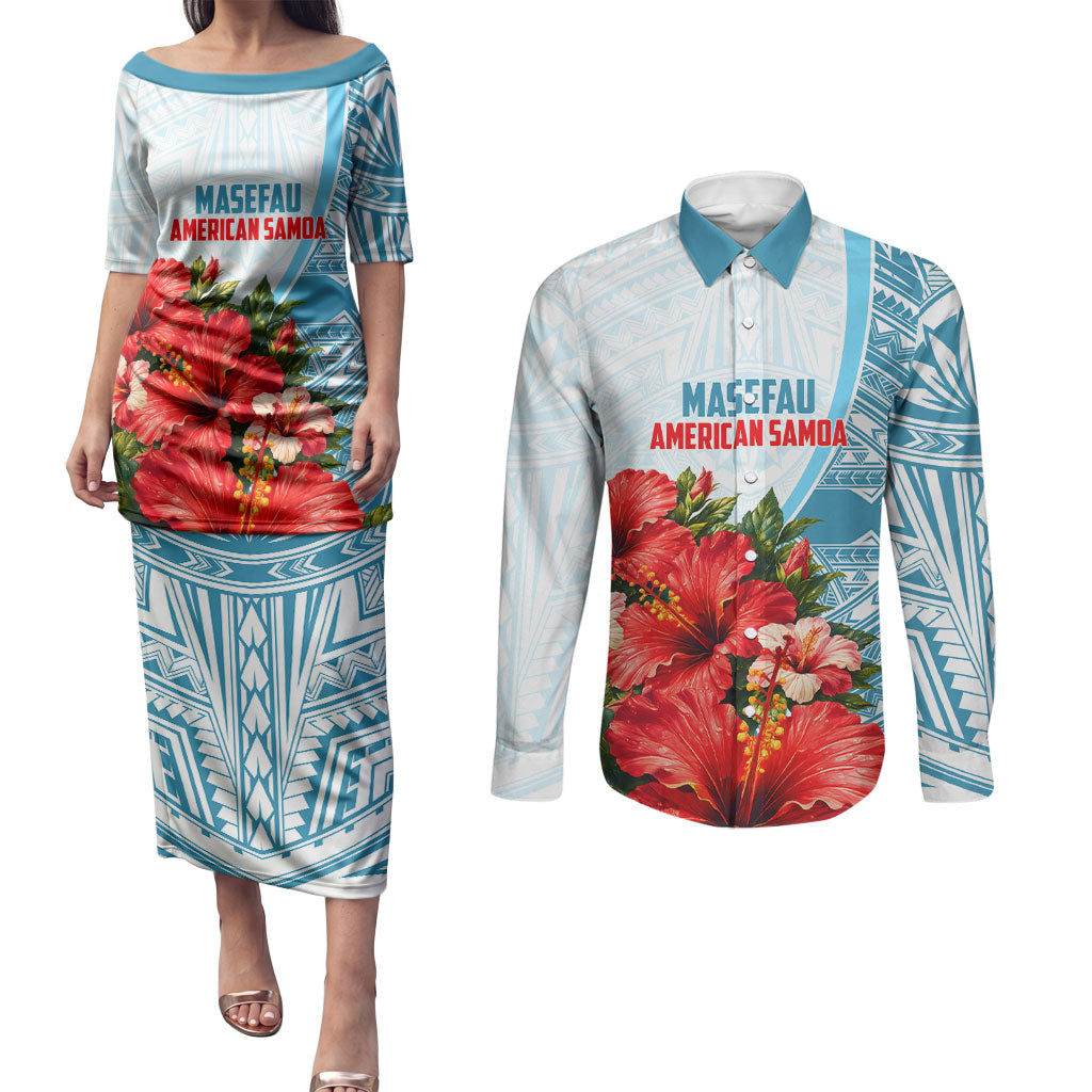Personalized American Samoa Masefau Couples Matching Puletasi and Long Sleeve Button Shirt Hibiscus Tropical Floral Whale Polynesian Tribal Pattern TS04 White Blue - Polynesian Pride