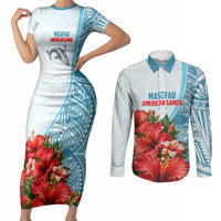 Personalized American Samoa Masefau Couples Matching Short Sleeve Bodycon Dress and Long Sleeve Button Shirt Hibiscus Tropical Floral Whale Polynesian Tribal Pattern TS04 White Blue - Polynesian Pride