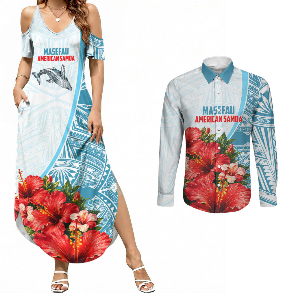 Personalized American Samoa Masefau Couples Matching Summer Maxi Dress and Long Sleeve Button Shirt Hibiscus Tropical Floral Whale Polynesian Tribal Pattern TS04 White Blue - Polynesian Pride