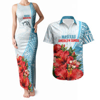 Personalized American Samoa Masefau Couples Matching Tank Maxi Dress and Hawaiian Shirt Hibiscus Tropical Floral Whale Polynesian Tribal Pattern TS04 White Blue - Polynesian Pride