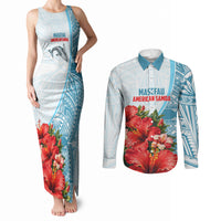 Personalized American Samoa Masefau Couples Matching Tank Maxi Dress and Long Sleeve Button Shirt Hibiscus Tropical Floral Whale Polynesian Tribal Pattern TS04 White Blue - Polynesian Pride