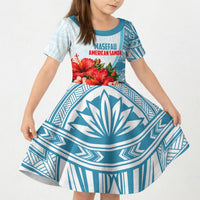 Personalized American Samoa Masefau Kid Short Sleeve Dress Hibiscus Tropical Floral Whale Polynesian Tribal Pattern TS04 KID White Blue - Polynesian Pride