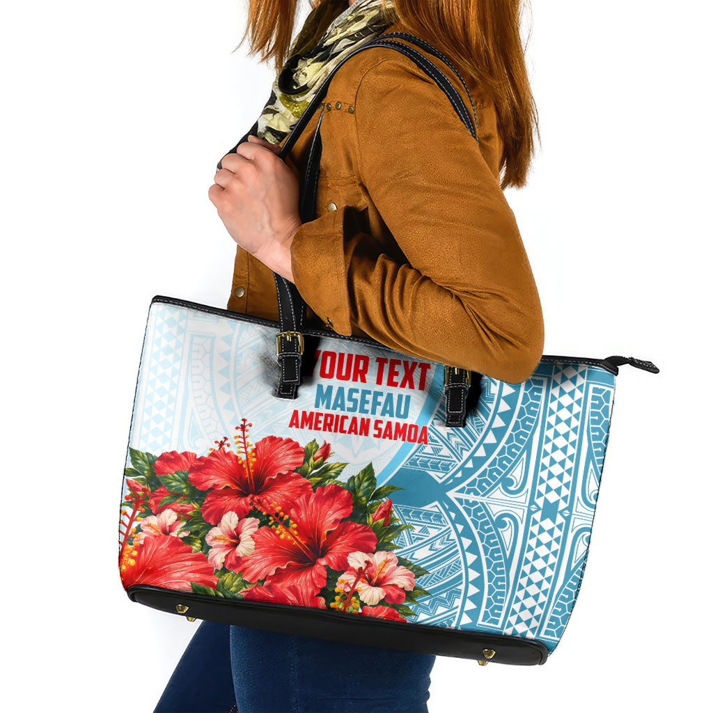 Personalized American Samoa Masefau Leather Tote Bag Hibiscus Tropical Floral Whale Polynesian Tribal Pattern TS04 White Blue - Polynesian Pride