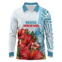 Personalized American Samoa Masefau Long Sleeve Polo Shirt Hibiscus Tropical Floral Whale Polynesian Tribal Pattern TS04 White Blue - Polynesian Pride
