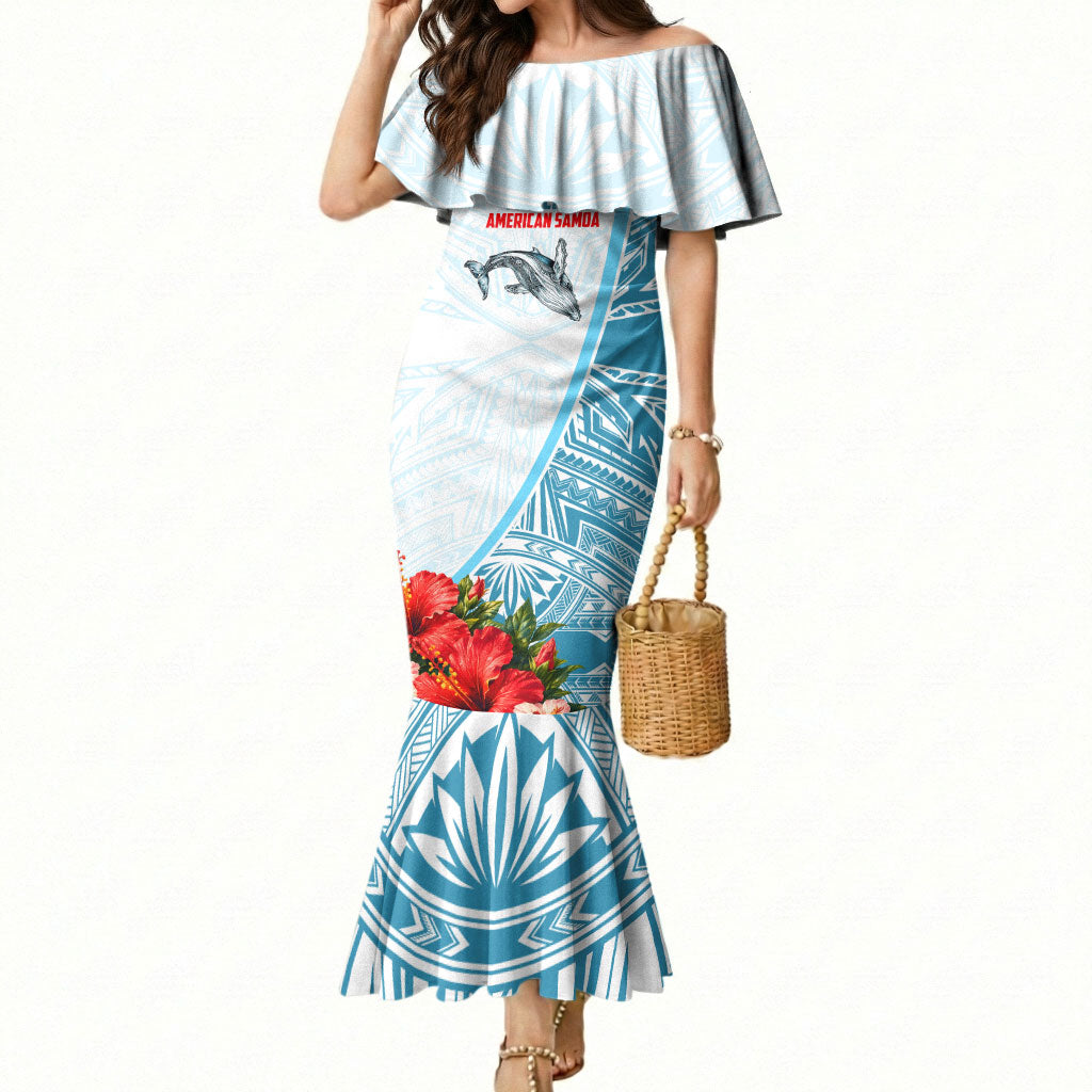 Personalized American Samoa Masefau Mermaid Dress Hibiscus Tropical Floral Whale Polynesian Tribal Pattern TS04 Women White Blue - Polynesian Pride