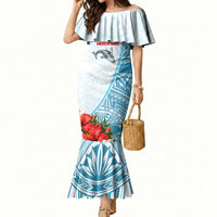 Personalized American Samoa Masefau Mermaid Dress Hibiscus Tropical Floral Whale Polynesian Tribal Pattern TS04 Women White Blue - Polynesian Pride