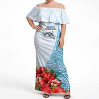 Personalized American Samoa Masefau Off Shoulder Maxi Dress Hibiscus Tropical Floral Whale Polynesian Tribal Pattern TS04 Women White Blue - Polynesian Pride