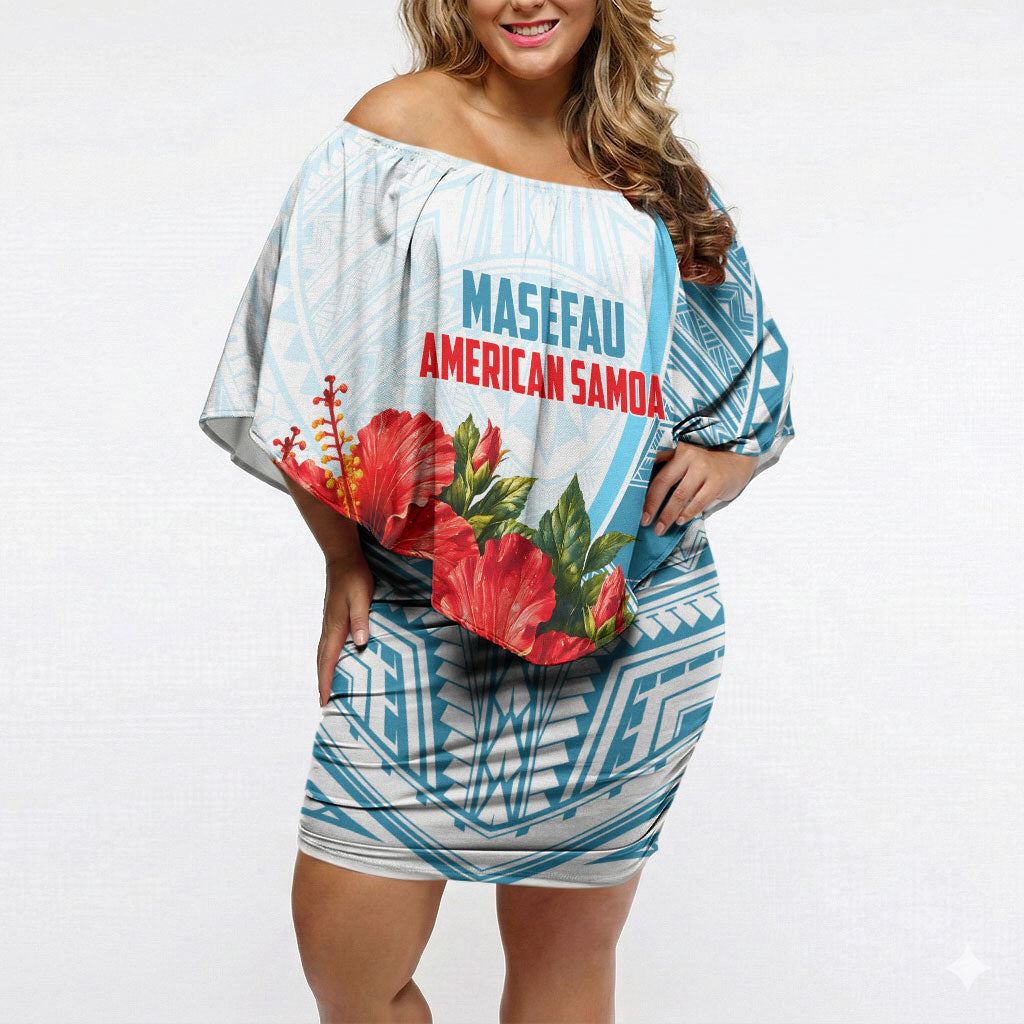 Personalized American Samoa Masefau Off Shoulder Short Dress Hibiscus Tropical Floral Whale Polynesian Tribal Pattern TS04 Women White Blue - Polynesian Pride