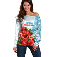 Personalized American Samoa Masefau Off Shoulder Sweater Hibiscus Tropical Floral Whale Polynesian Tribal Pattern TS04 Women White Blue - Polynesian Pride