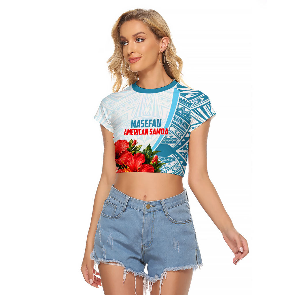 Personalized American Samoa Masefau Raglan Cropped T Shirt Hibiscus Tropical Floral Whale Polynesian Tribal Pattern TS04 Female White Blue - Polynesian Pride