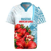 Personalized American Samoa Masefau Rugby Jersey Hibiscus Tropical Floral Whale Polynesian Tribal Pattern TS04 White Blue - Polynesian Pride
