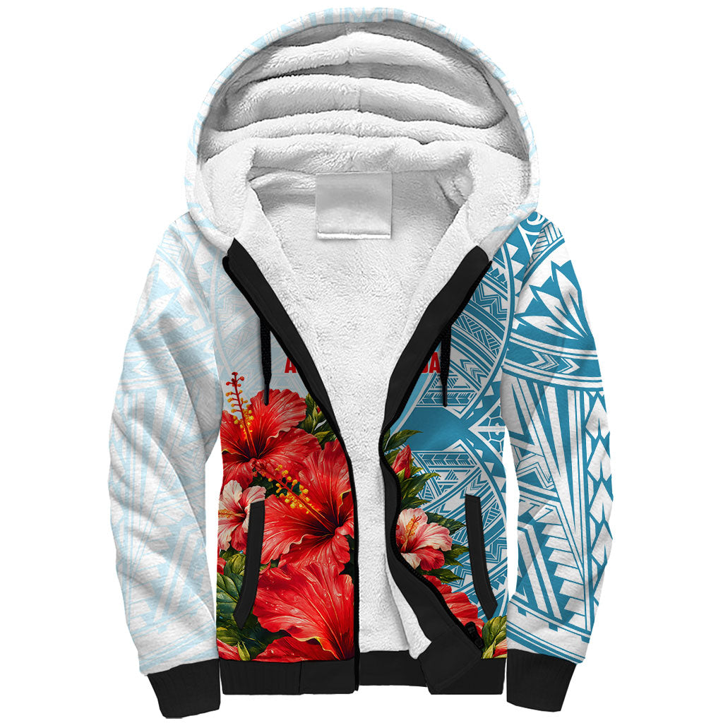 Personalized American Samoa Masefau Sherpa Hoodie Hibiscus Tropical Floral Whale Polynesian Tribal Pattern TS04 Unisex White Blue - Polynesian Pride