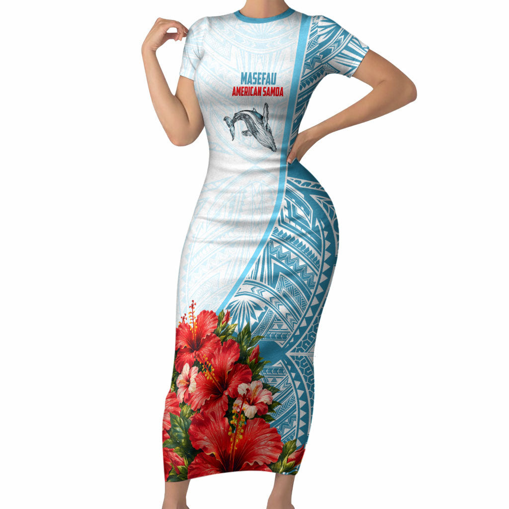 Personalized American Samoa Masefau Short Sleeve Bodycon Dress Hibiscus Tropical Floral Whale Polynesian Tribal Pattern TS04 Long Dress White Blue - Polynesian Pride