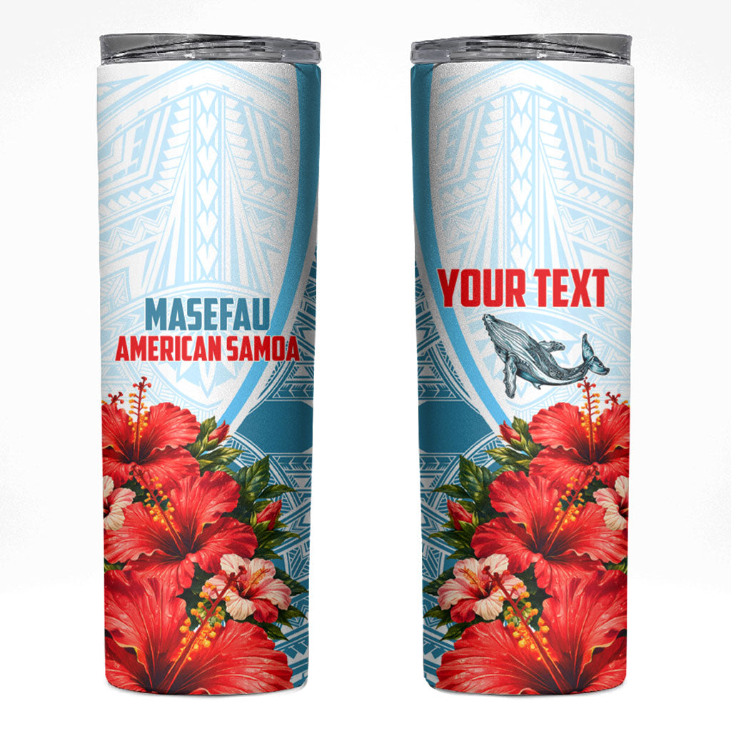 Personalized American Samoa Masefau Skinny Tumbler Hibiscus Tropical Floral Whale Polynesian Tribal Pattern TS04 White Blue - Polynesian Pride