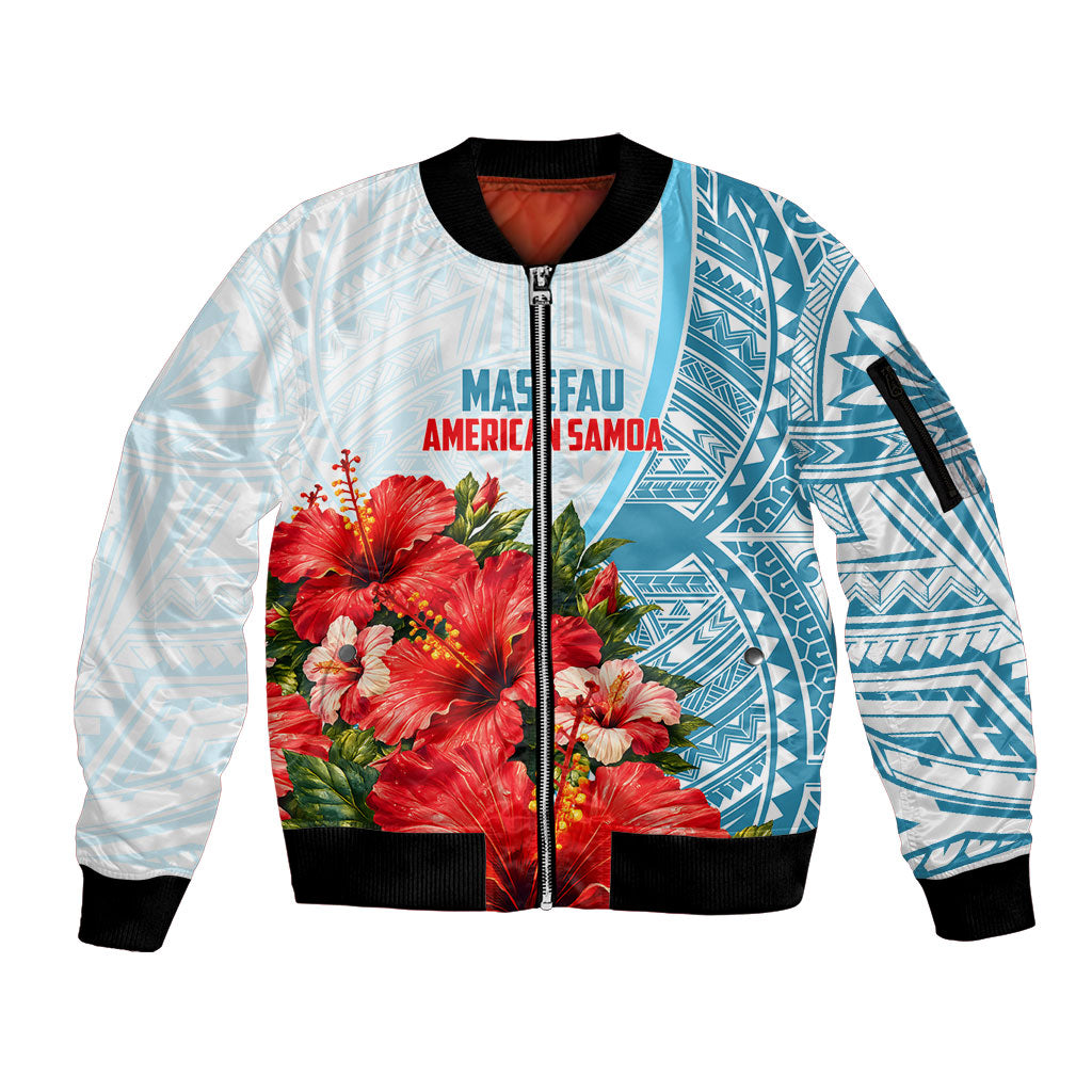 Personalized American Samoa Masefau Sleeve Zip Bomber Jacket Hibiscus Tropical Floral Whale Polynesian Tribal Pattern TS04 Unisex White Blue - Polynesian Pride