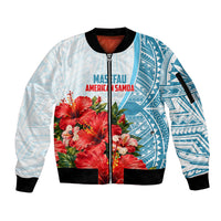 Personalized American Samoa Masefau Sleeve Zip Bomber Jacket Hibiscus Tropical Floral Whale Polynesian Tribal Pattern TS04 Unisex White Blue - Polynesian Pride