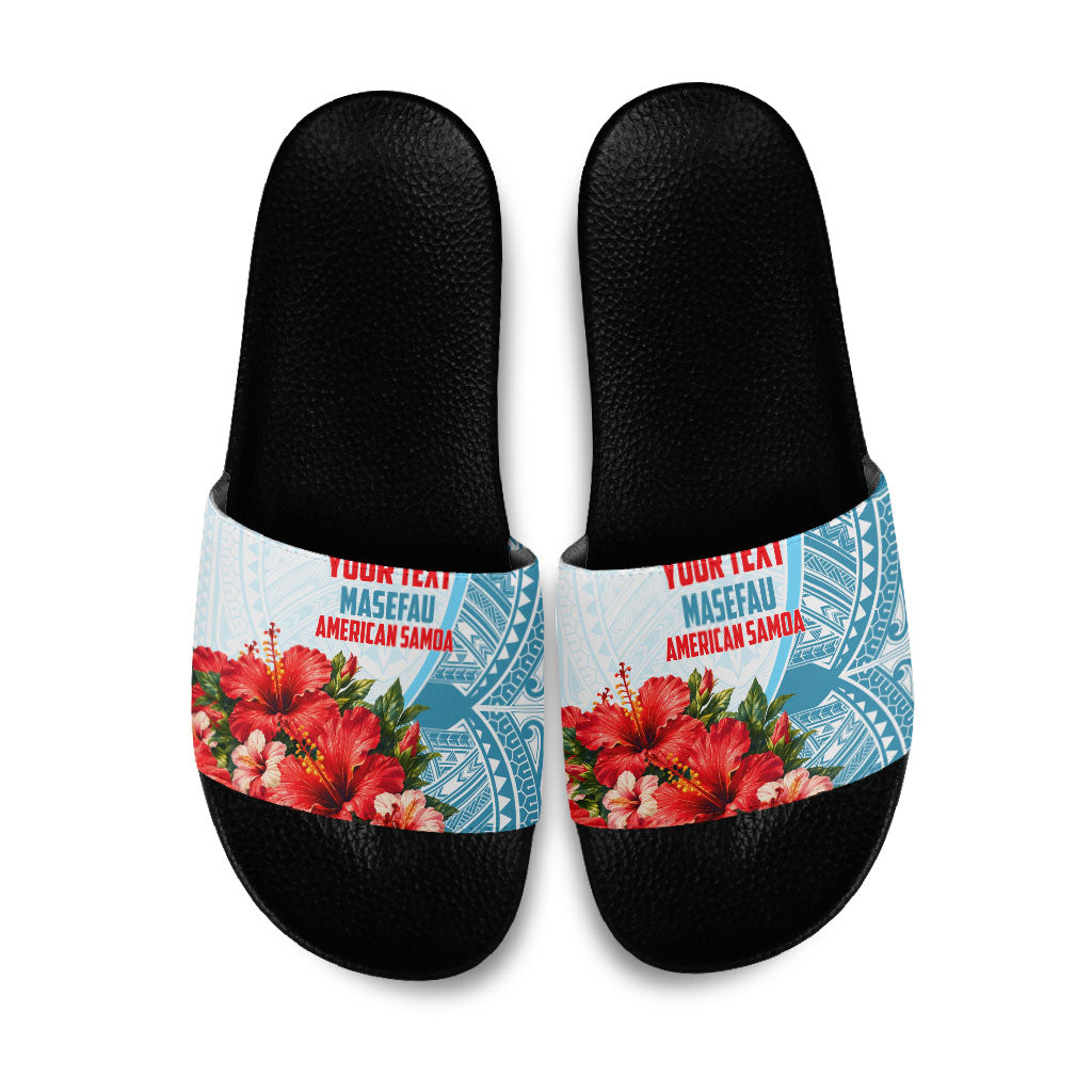 Personalized American Samoa Masefau Slide Sandals Hibiscus Tropical Floral Whale Polynesian Tribal Pattern TS04 White Blue - Polynesian Pride