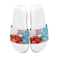 Personalized American Samoa Masefau Slide Sandals Hibiscus Tropical Floral Whale Polynesian Tribal Pattern TS04 White Blue - Polynesian Pride