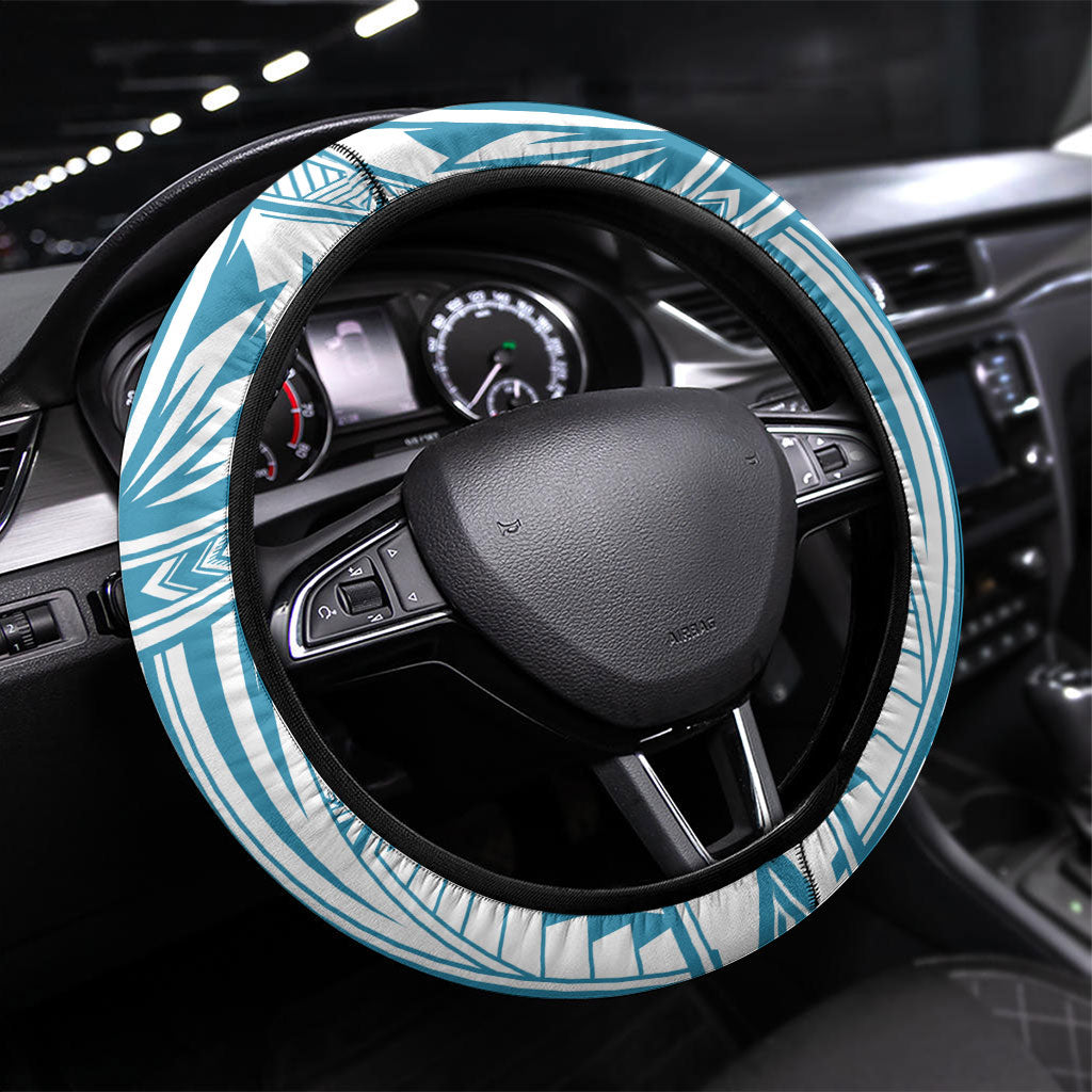 American Samoa Masefau Steering Wheel Cover Hibiscus Tropical Floral Whale Polynesian Tribal Pattern TS04 Universal Fit White Blue - Polynesian Pride