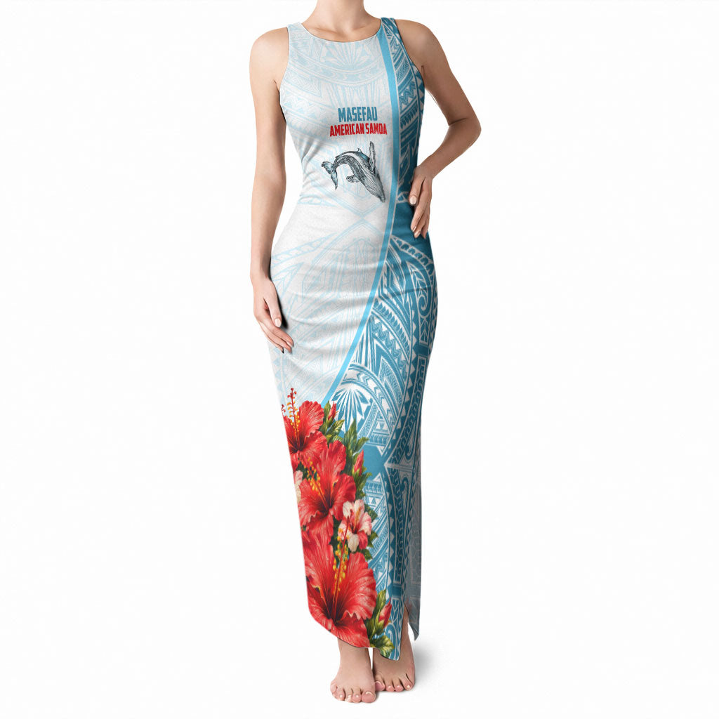 Personalized American Samoa Masefau Tank Maxi Dress Hibiscus Tropical Floral Whale Polynesian Tribal Pattern TS04 Women White Blue - Polynesian Pride