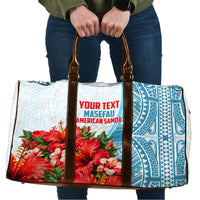 Personalized American Samoa Masefau Travel Bag Hibiscus Tropical Floral Whale Polynesian Tribal Pattern TS04 White Blue - Polynesian Pride