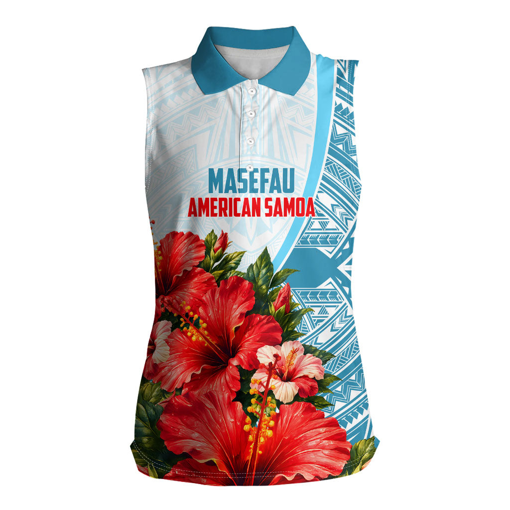 Personalized American Samoa Masefau Women Sleeveless Polo Shirt Hibiscus Tropical Floral Whale Polynesian Tribal Pattern TS04 Female White Blue - Polynesian Pride