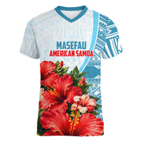 Personalized American Samoa Masefau Women V-Neck T-Shirt Hibiscus Tropical Floral Whale Polynesian Tribal Pattern TS04 Female White Blue - Polynesian Pride