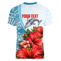 Personalized American Samoa Masefau Women V-Neck T-Shirt Hibiscus Tropical Floral Whale Polynesian Tribal Pattern TS04 - Polynesian Pride