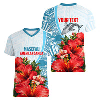 Personalized American Samoa Masefau Women V-Neck T-Shirt Hibiscus Tropical Floral Whale Polynesian Tribal Pattern TS04 - Polynesian Pride
