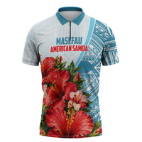 Personalized American Samoa Masefau Zipper Polo Shirt Hibiscus Tropical Floral Whale Polynesian Tribal Pattern TS04 White Blue - Polynesian Pride