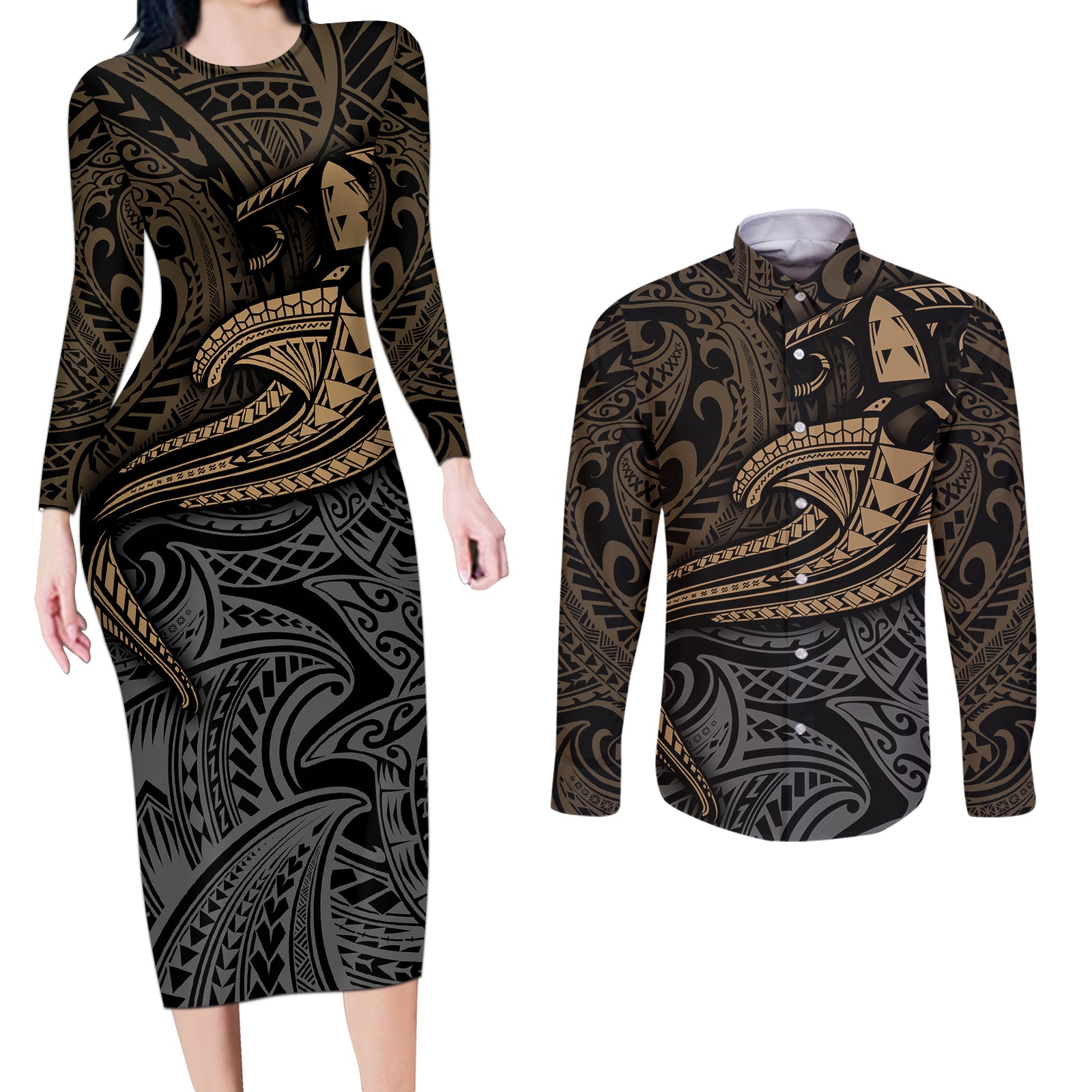 Polynesian Couples Matching Long Sleeve Bodycon Dress and Long Sleeve Button Shirts Hammerhead Shark Tribal Pattern TS04 Black/Yellow - Polynesian Pride