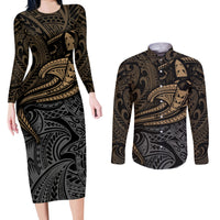 Polynesian Couples Matching Long Sleeve Bodycon Dress and Long Sleeve Button Shirts Hammerhead Shark Tribal Pattern TS04 Black/Yellow - Polynesian Pride