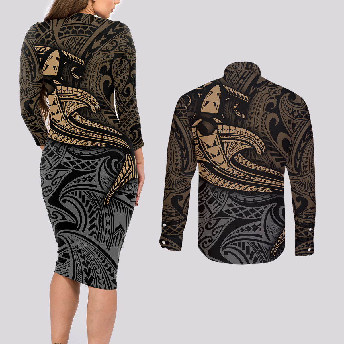 Polynesian Couples Matching Long Sleeve Bodycon Dress and Long Sleeve Button Shirts Hammerhead Shark Tribal Pattern TS04 - Polynesian Pride