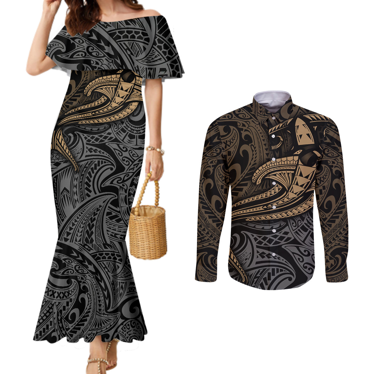 Polynesian Couples Matching Mermaid Dress and Long Sleeve Button Shirts Hammerhead Shark Tribal Pattern TS04 Black/Yellow - Polynesian Pride
