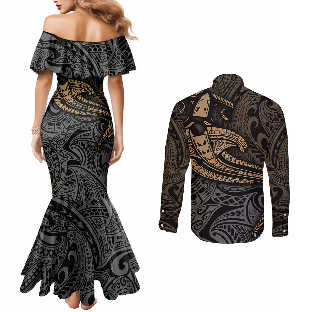 Polynesian Couples Matching Mermaid Dress and Long Sleeve Button Shirts Hammerhead Shark Tribal Pattern TS04 - Polynesian Pride