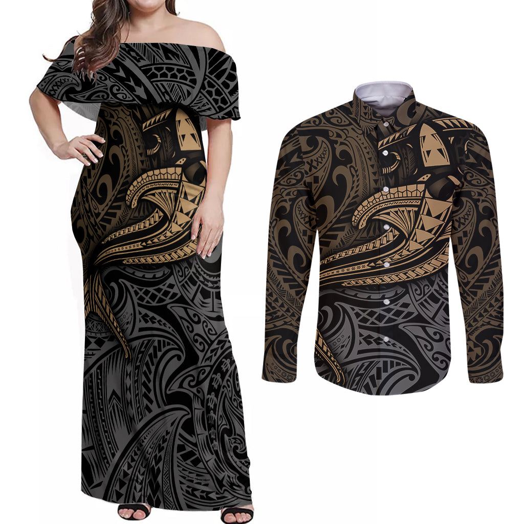 Polynesian Couples Matching Off Shoulder Maxi Dress and Long Sleeve Button Shirts Hammerhead Shark Tribal Pattern TS04 Black/Yellow - Polynesian Pride