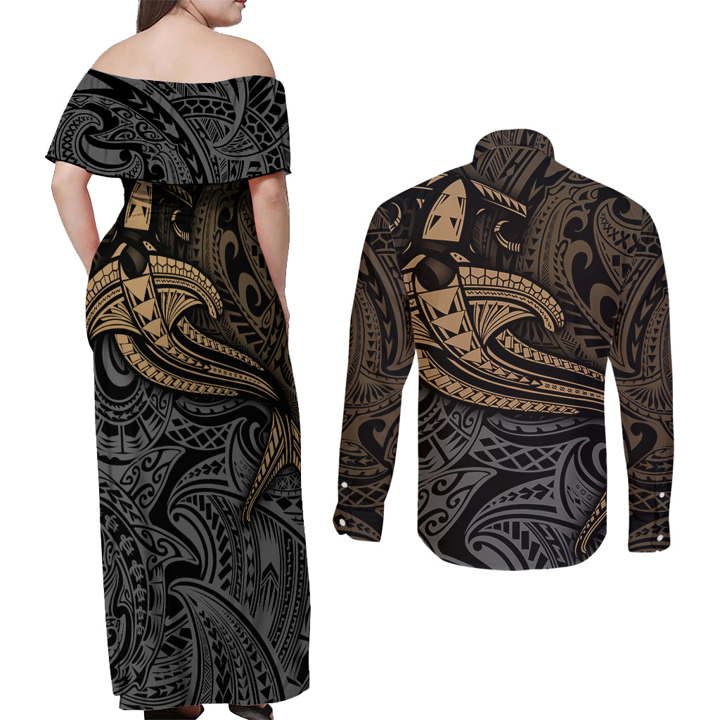 Polynesian Couples Matching Off Shoulder Maxi Dress and Long Sleeve Button Shirts Hammerhead Shark Tribal Pattern TS04 - Polynesian Pride