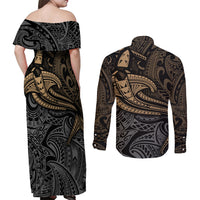 Polynesian Couples Matching Off Shoulder Maxi Dress and Long Sleeve Button Shirts Hammerhead Shark Tribal Pattern TS04 - Polynesian Pride