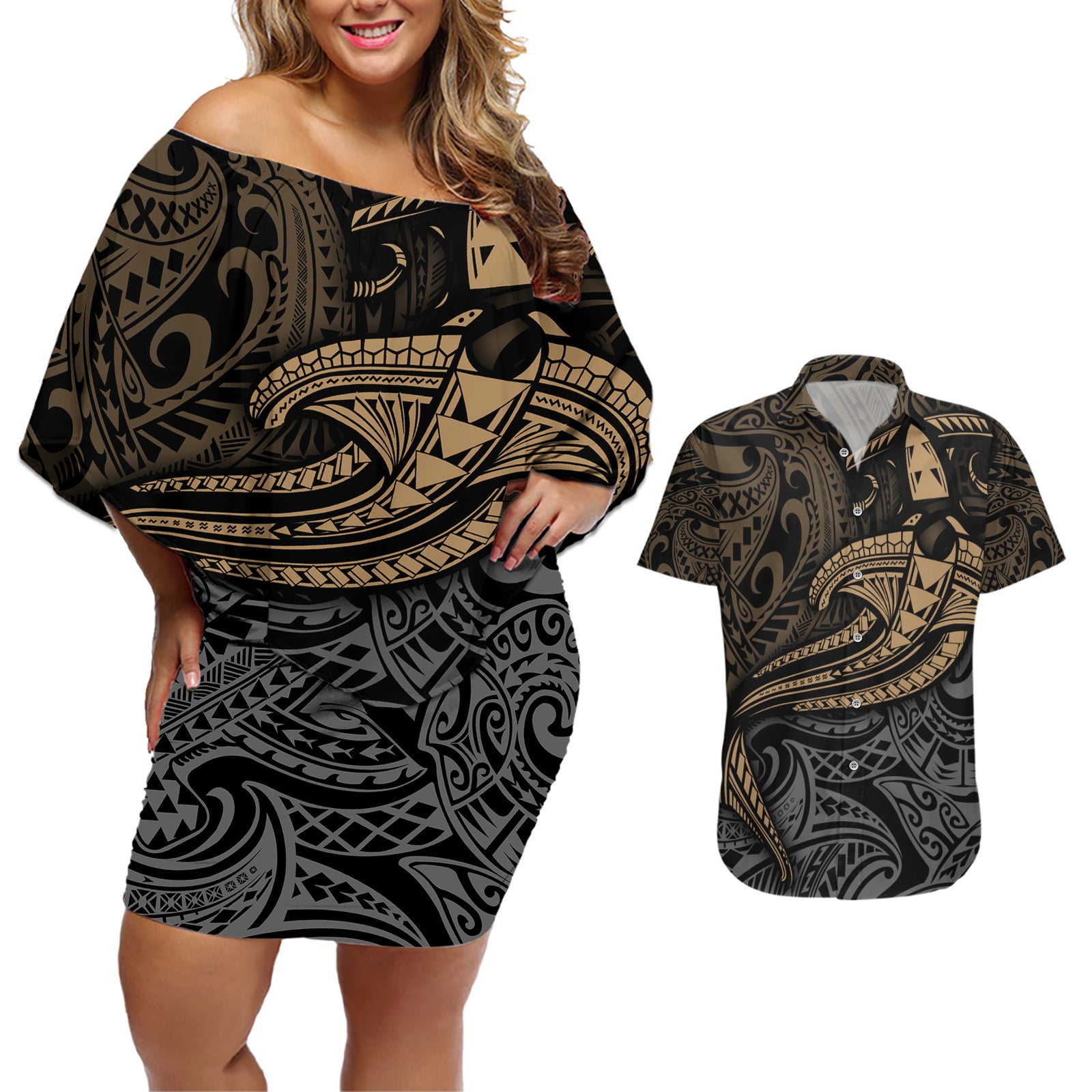 Polynesian Couples Matching Off Shoulder Short Dress and Hawaiian Shirt Hammerhead Shark Tribal Pattern TS04 Black/Yellow - Polynesian Pride