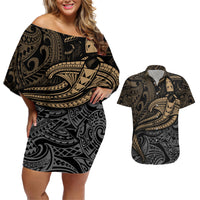 Polynesian Couples Matching Off Shoulder Short Dress and Hawaiian Shirt Hammerhead Shark Tribal Pattern TS04 Black/Yellow - Polynesian Pride