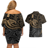 Polynesian Couples Matching Off Shoulder Short Dress and Hawaiian Shirt Hammerhead Shark Tribal Pattern TS04 - Polynesian Pride