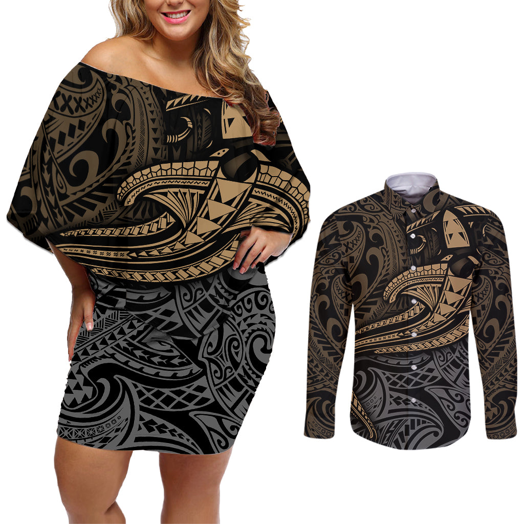 Polynesian Couples Matching Off Shoulder Short Dress and Long Sleeve Button Shirts Hammerhead Shark Tribal Pattern TS04 Black/Yellow - Polynesian Pride