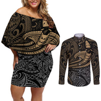 Polynesian Couples Matching Off Shoulder Short Dress and Long Sleeve Button Shirts Hammerhead Shark Tribal Pattern TS04 Black/Yellow - Polynesian Pride